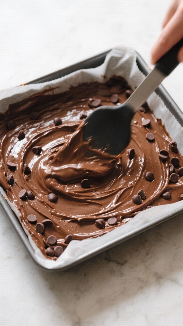 Cooking process shot: Overhead view of the thick brownie batter being spread and smoothed in a parch
