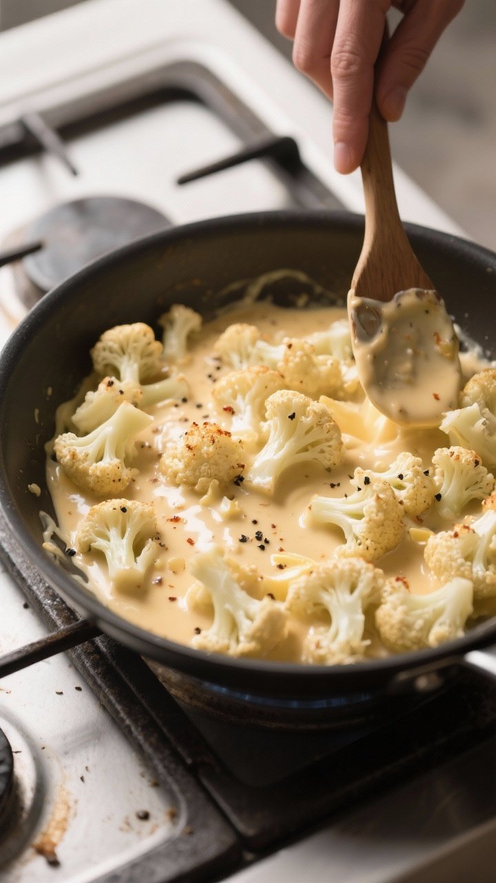 Cooking process: Silky cheese sauce being folded over par-cooked cauliflower florets in a wide skill