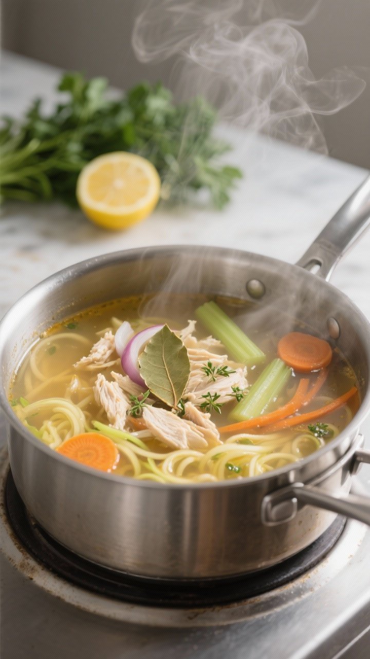 Cooking process — simmering stage: A steaming pot of keto chicken zoodle soup mid-simmer, showing 