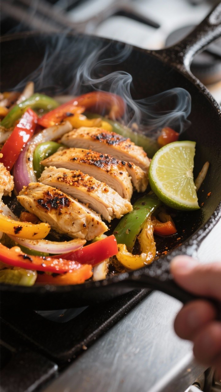 Cooking process: Sizzling chicken fajitas in a cast-iron skillet, showing golden-browned, thinly sli
