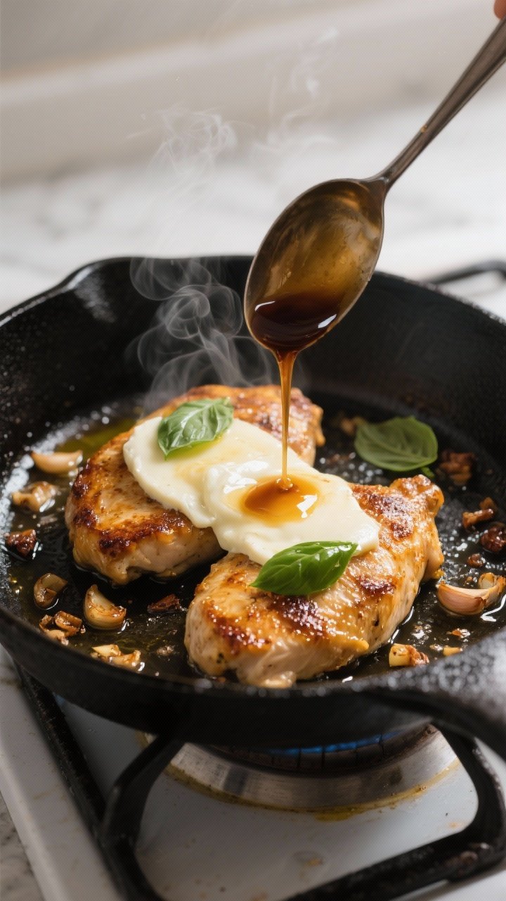 Cooking process, skillet action: Golden-seared chicken cutlets in a large black skillet over medium-