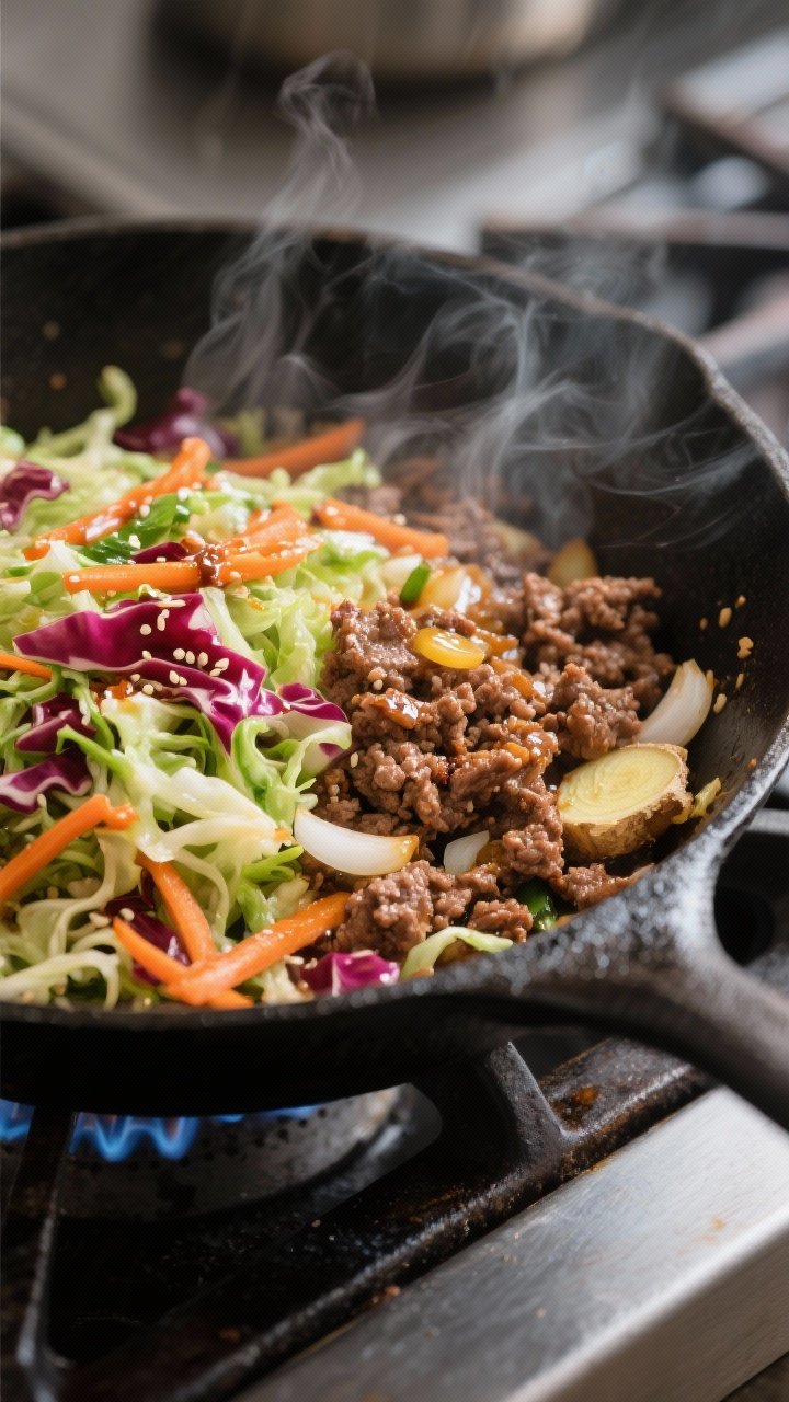 Cooking process, skillet action: Ground Beef Egg Roll in a Bowl sizzling in a wide black cast-iron s