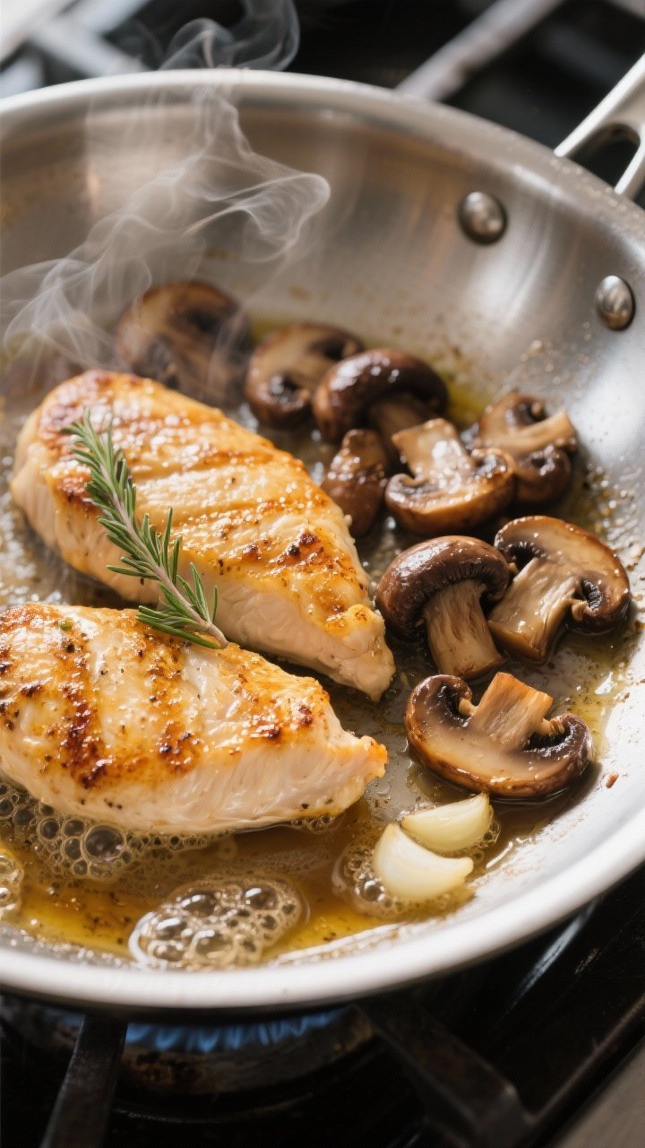 Cooking process, skillet close-up: Golden-seared chicken cutlets nestled beside deeply browned cremi
