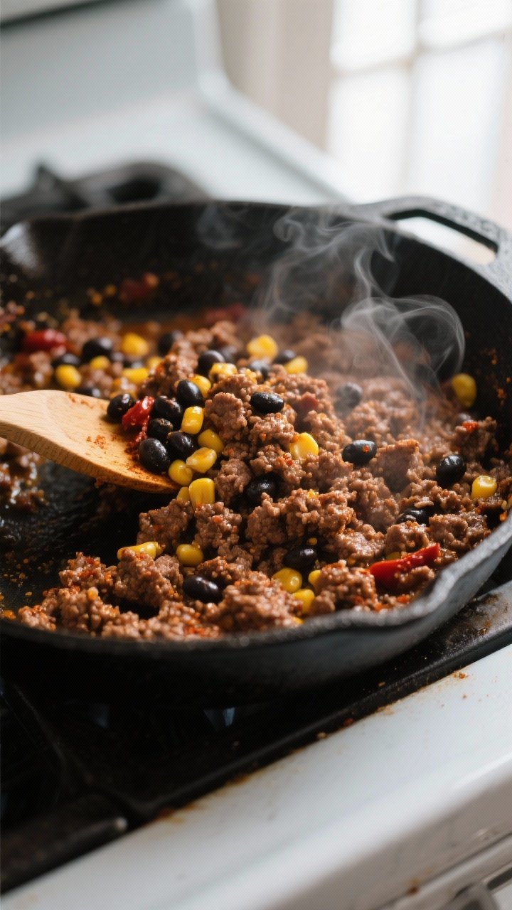 Cooking process, skillet close-up: Juicy taco filling sizzling in a black cast-iron skillet, showing
