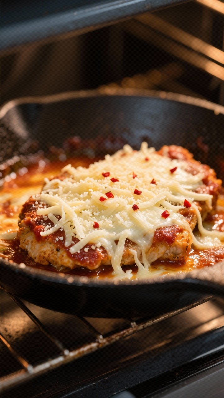 Cooking process: Skillet-to-oven moment of Keto Chicken Parmesan topped with a generous layer of fre