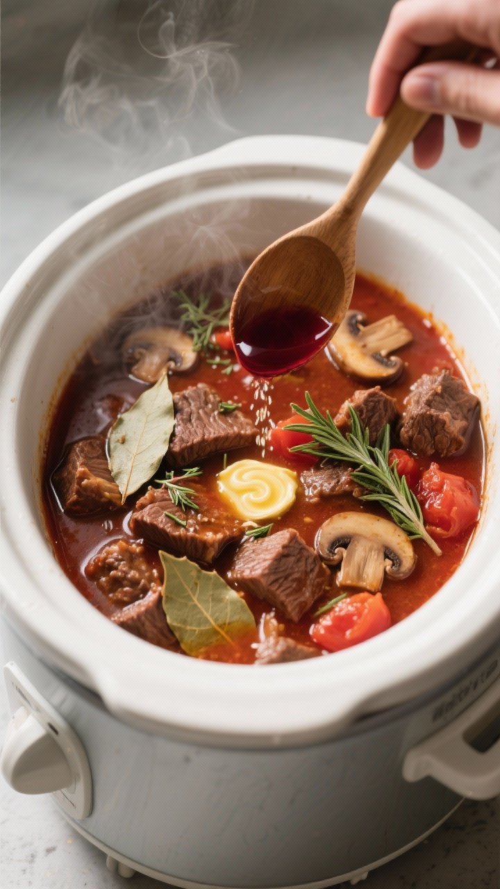 Cooking process: Slow cooker scene mid-simmer — overhead shot of the stew in the crockpot showing 