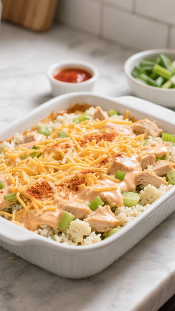 Cooking process: The assembled casserole in a 9x13 white ceramic dish right before baking, evenly sp