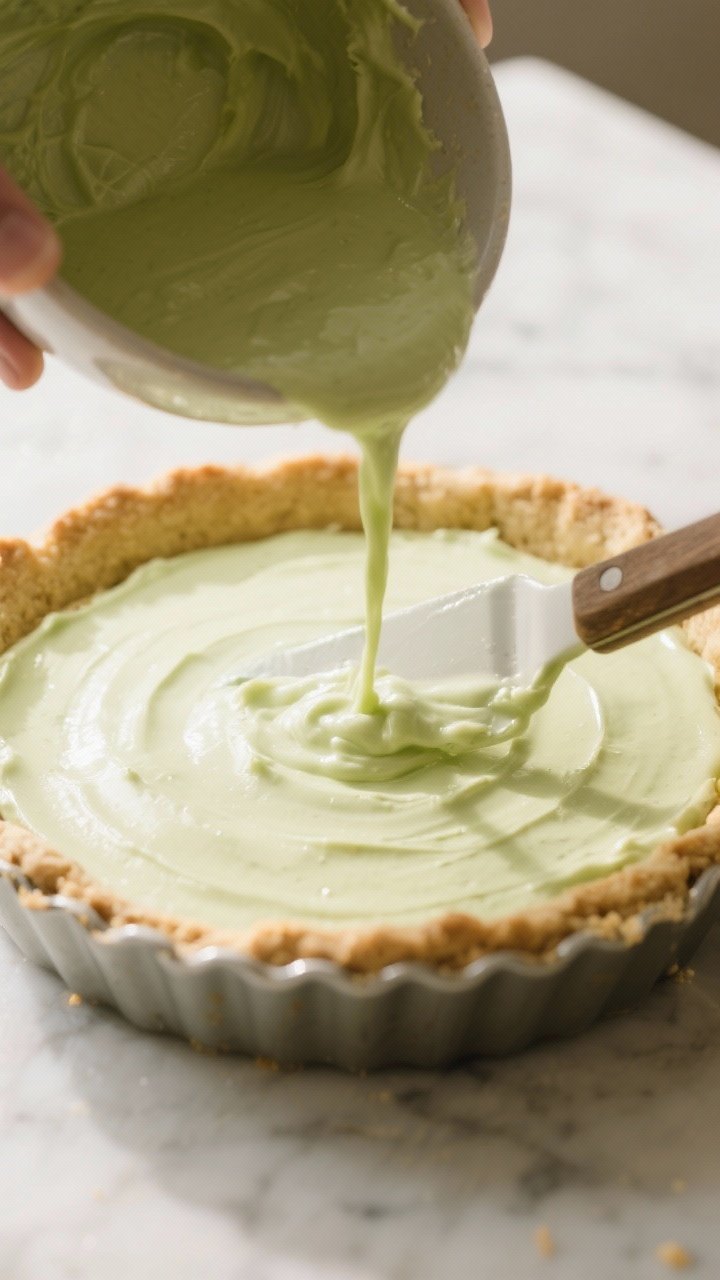 Cooking process: The baked almond flour crust in a 9-inch pie dish being filled with the silky lime-