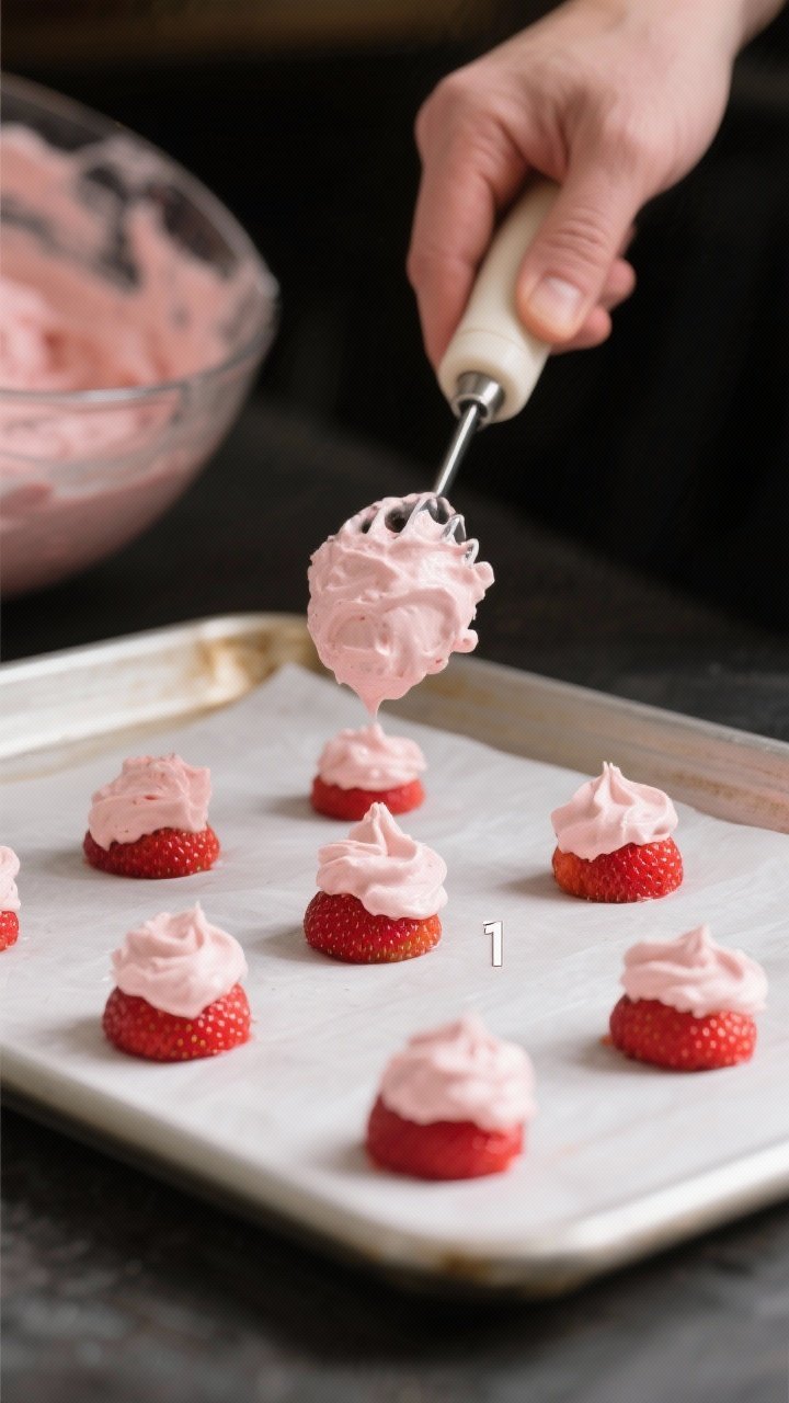 Cooking process: The blended strawberry-cream mixture being portioned with a small cookie scoop onto