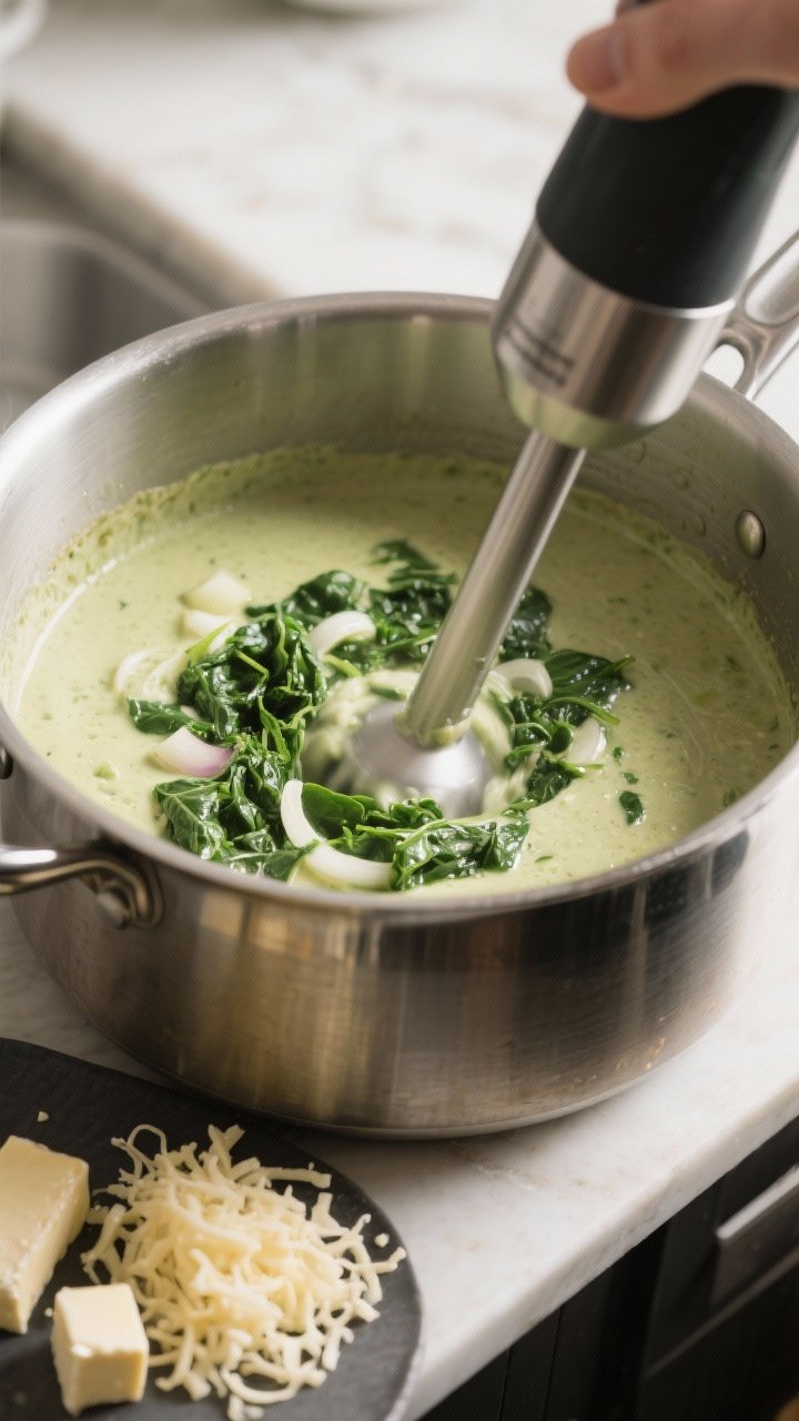 Cooking process: The blending stage captured in-pot—an immersion blender partially submerged in th