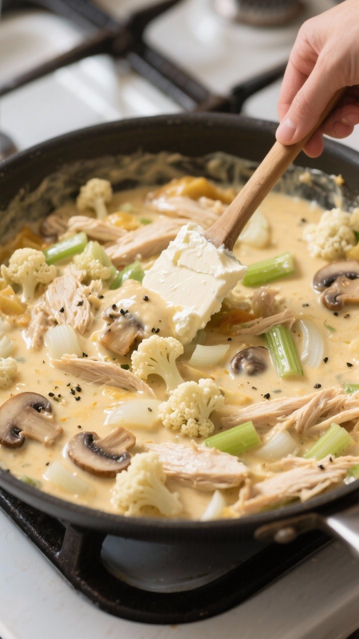 Cooking process: The creamy chicken-and-veg filling simmering in a skillet after cream cheese and he