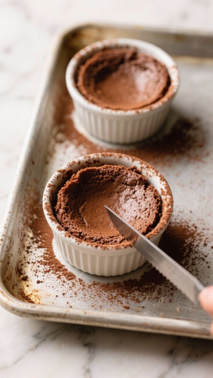 Cooking process: Two cocoa-dusted 6-ounce ramekins just out of the oven on a baking tray, cakes with