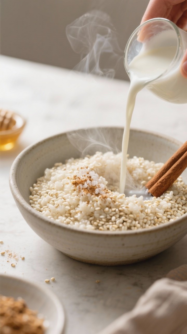 Cooking process, warm base: Close-up of freshly cooked, fluffy white quinoa in a matte ceramic bowl 
