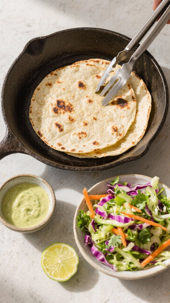 Cooking process: Warm corn tortillas in a dry cast-iron skillet, lightly charred spots forming; a sm