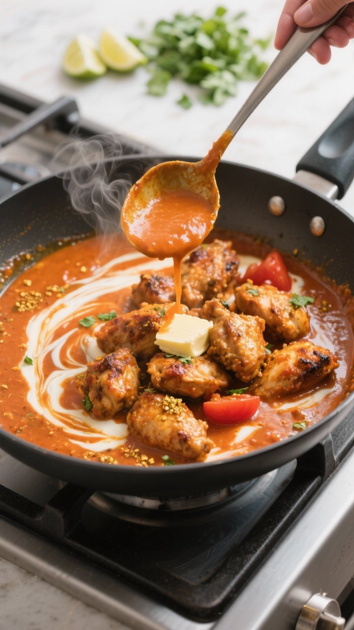 Cooking process: Wide pan with the tikka masala sauce mid-simmer after cream and butter have been ad
