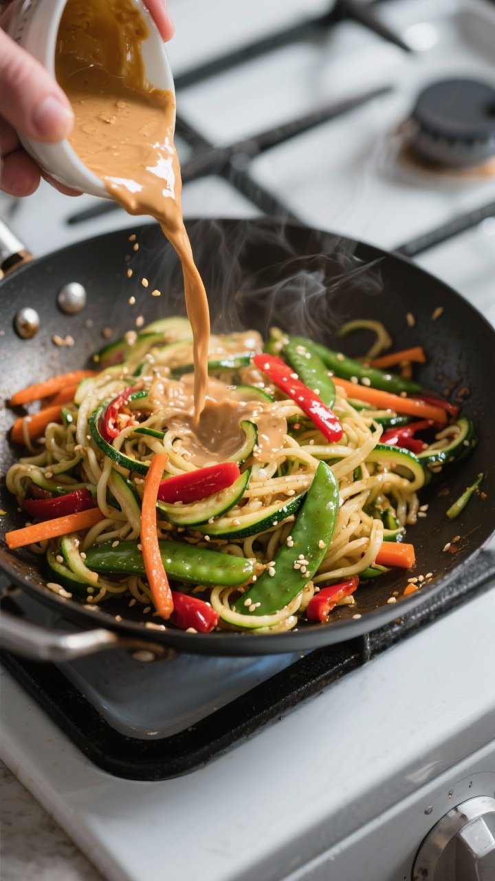 Cooking process: Zucchini noodle stir fry being tossed in a hot wok over high heat, showing zoodles 