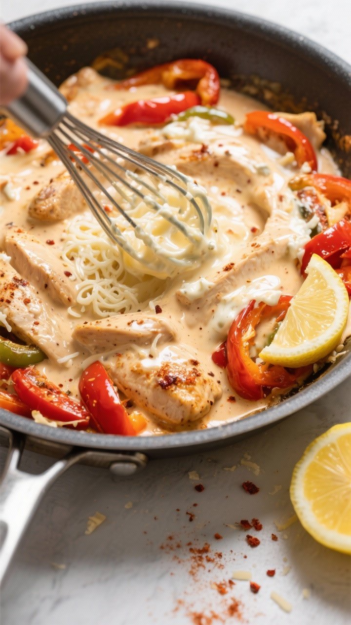 Creamy sauce moment: Overhead shot of the skillet right after cream and Parmesan are added, silky Ca