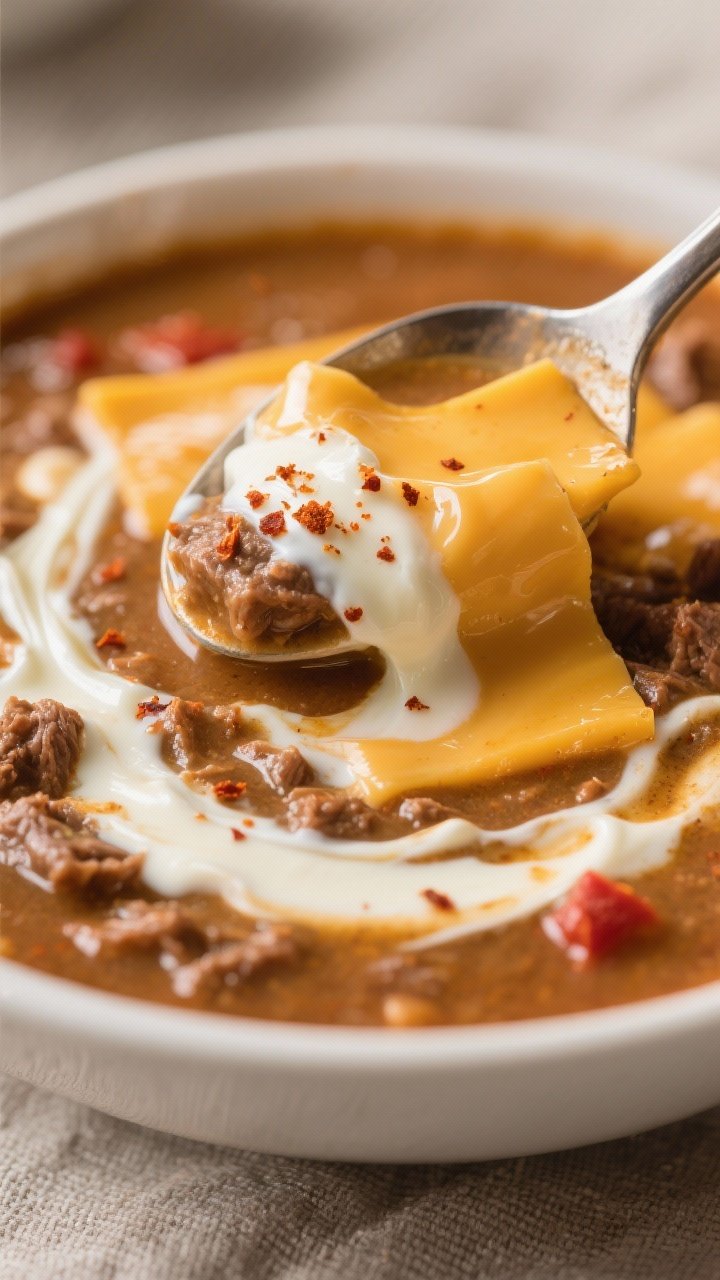 Creamy texture detail: Extreme close-up of the soup right after dairy is added—silky ribbons of me