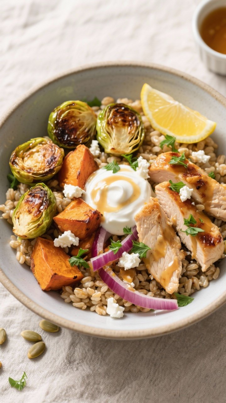 Final bowl, tasty top view: Overhead shot of a Roasted Brussels Sprouts & Chicken Bowl assembled ove