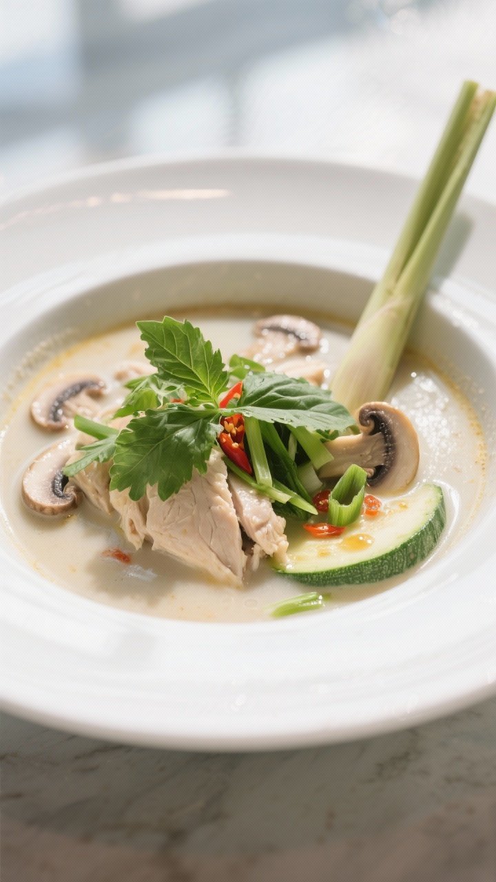 Final dish beauty plate: Restaurant-quality presentation of Keto Thai Coconut Chicken Soup in a wide
