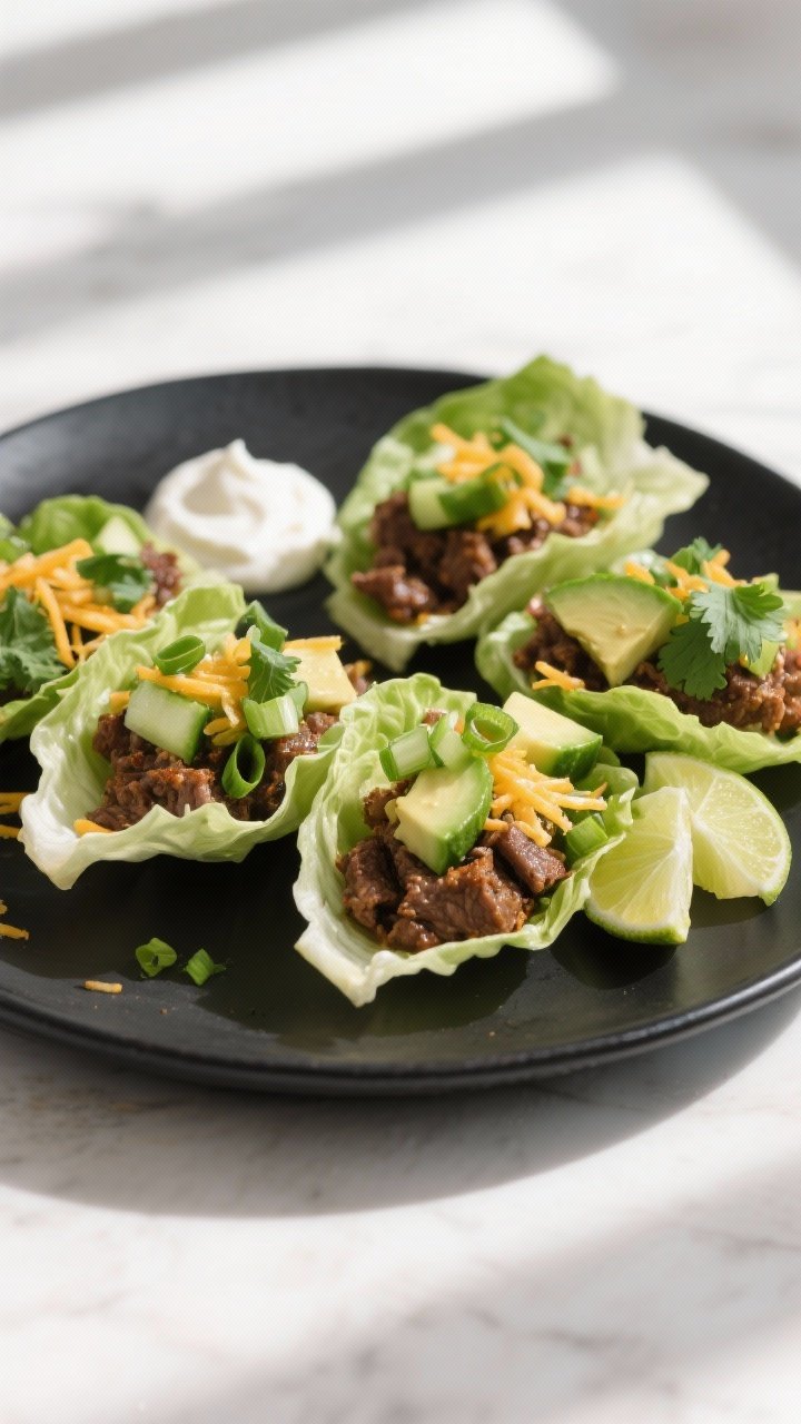 Final dish beauty shot: keto beef lettuce wraps neatly assembled on a matte black platter—butter l