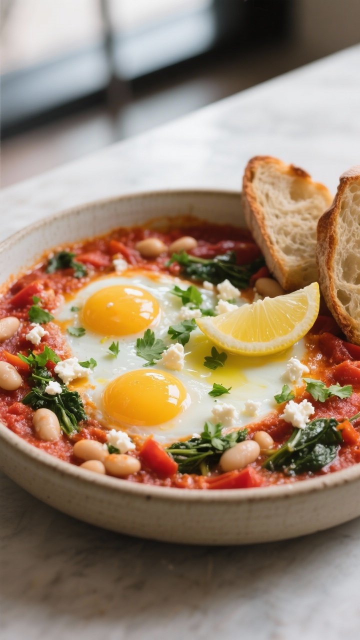 Final dish, close-up detail: A cozy plated serving of high-protein veggie shakshuka scooped into a s