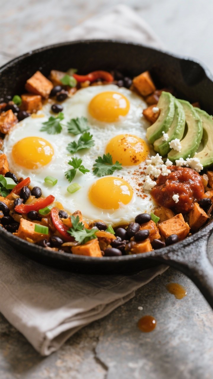Final dish, close-up detail: Close, three-quarter angle of the finished High-Protein Sweet Potato Eg