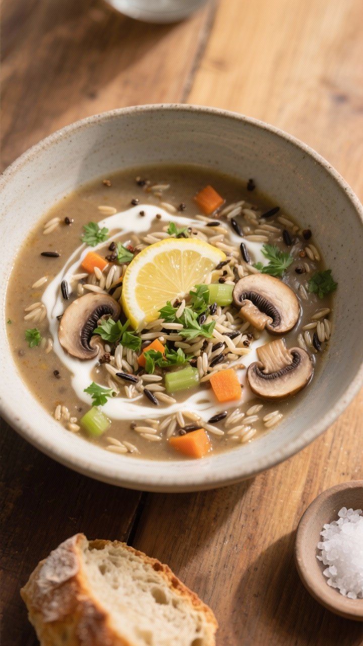 Final dish overhead: A hearty bowl of Mushroom & Wild Rice Soup shot top-down—brothy base with ten