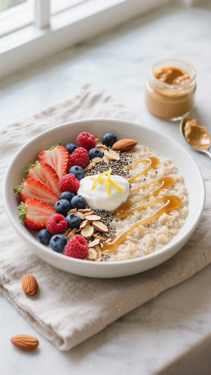 Final dish overhead: Berry Almond Oatmeal Bowl plated in a wide white ceramic bowl, thick and creamy
