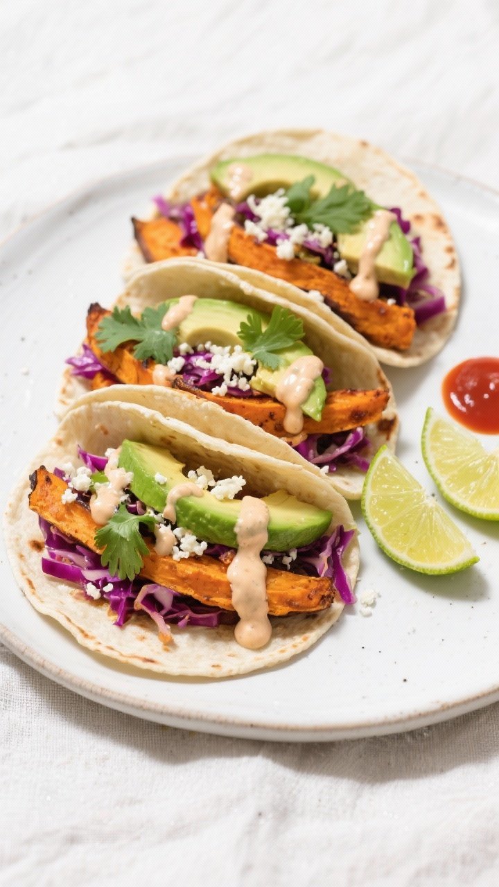 Final dish, overhead: Fully assembled sweet potato tacos on a simple white ceramic plate—layers of