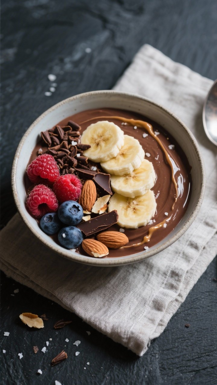 Final dish overhead: High-Protein Chocolate Greek Yogurt Bowl styled like a dessert-for-breakfast, o