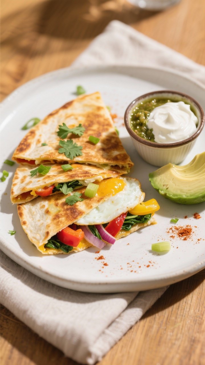 Final dish overhead: Overhead shot of a golden, crisp egg white and veggie breakfast quesadilla cut 