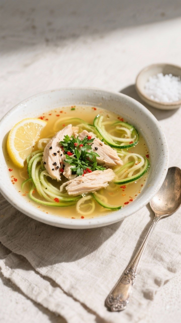 Final dish — overhead plated bowl: Overhead shot of a white ceramic bowl filled with keto chicken 
