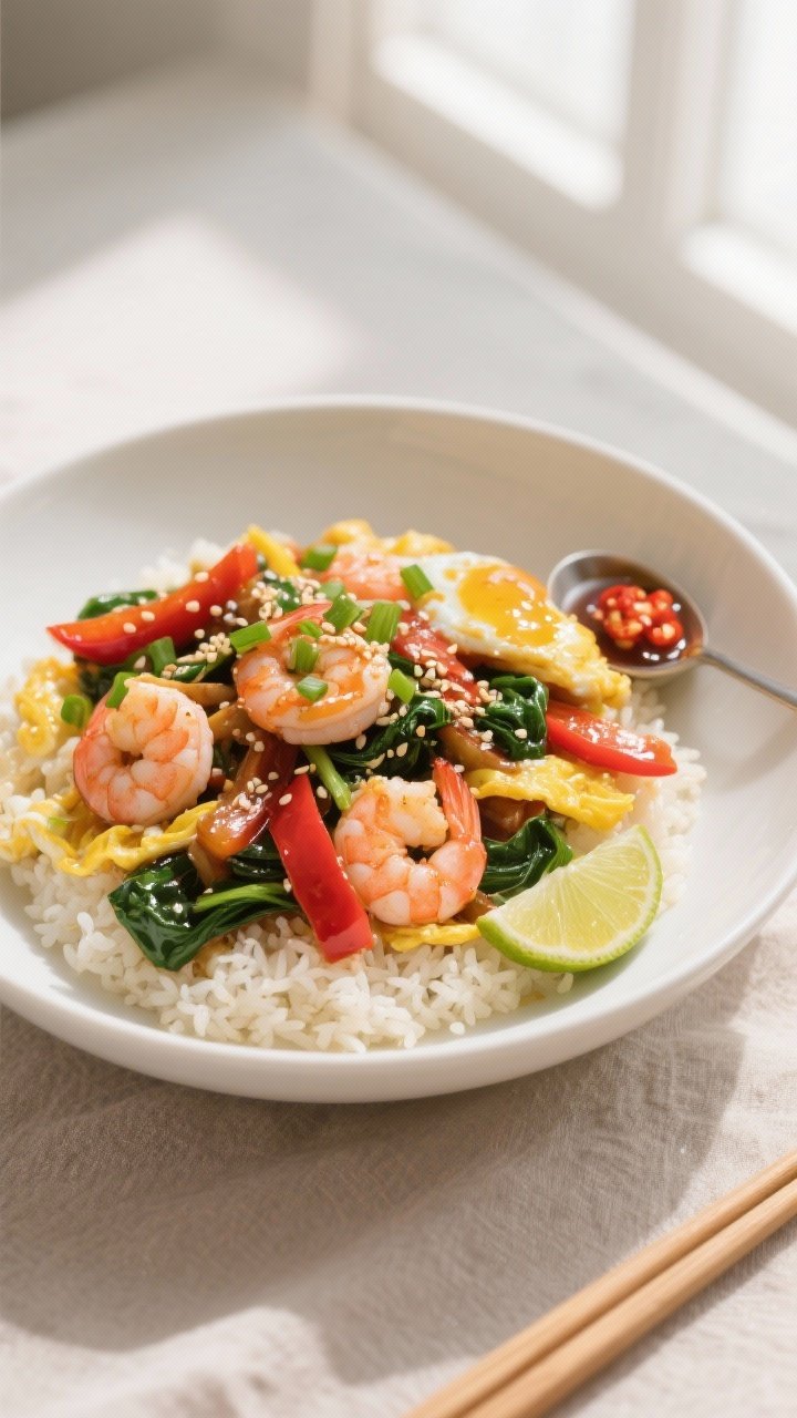 Final dish, overhead presentation: Overhead shot of the finished Shrimp & Egg Breakfast Stir Fry pla