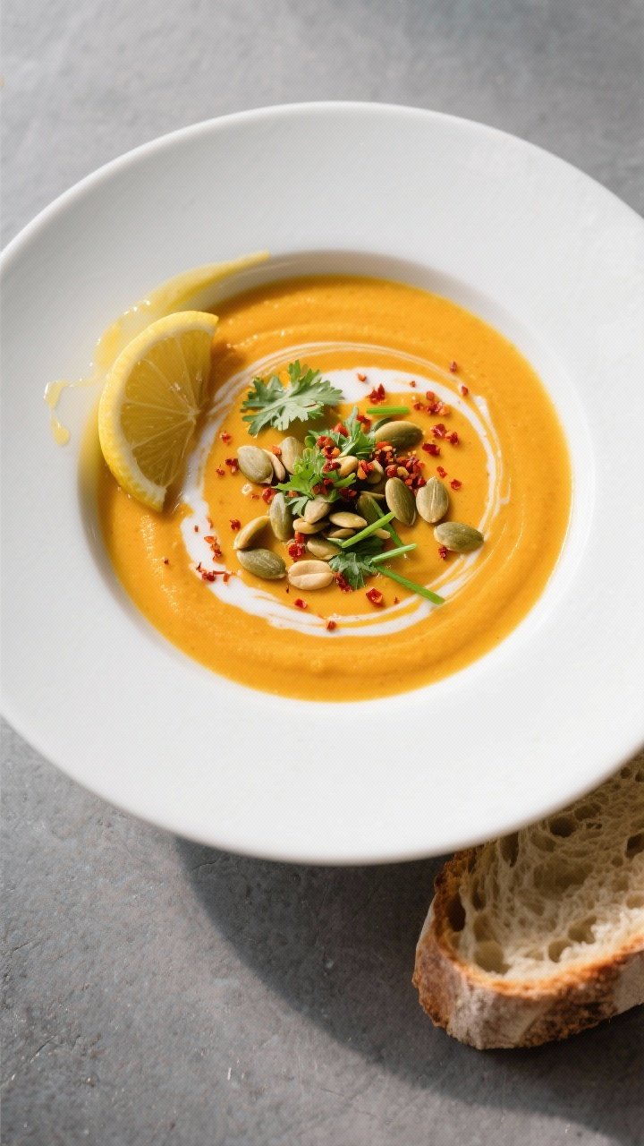Final dish — Overhead shot of a bowl of Butternut Squash Ginger Soup, ultra-smooth and creamy with
