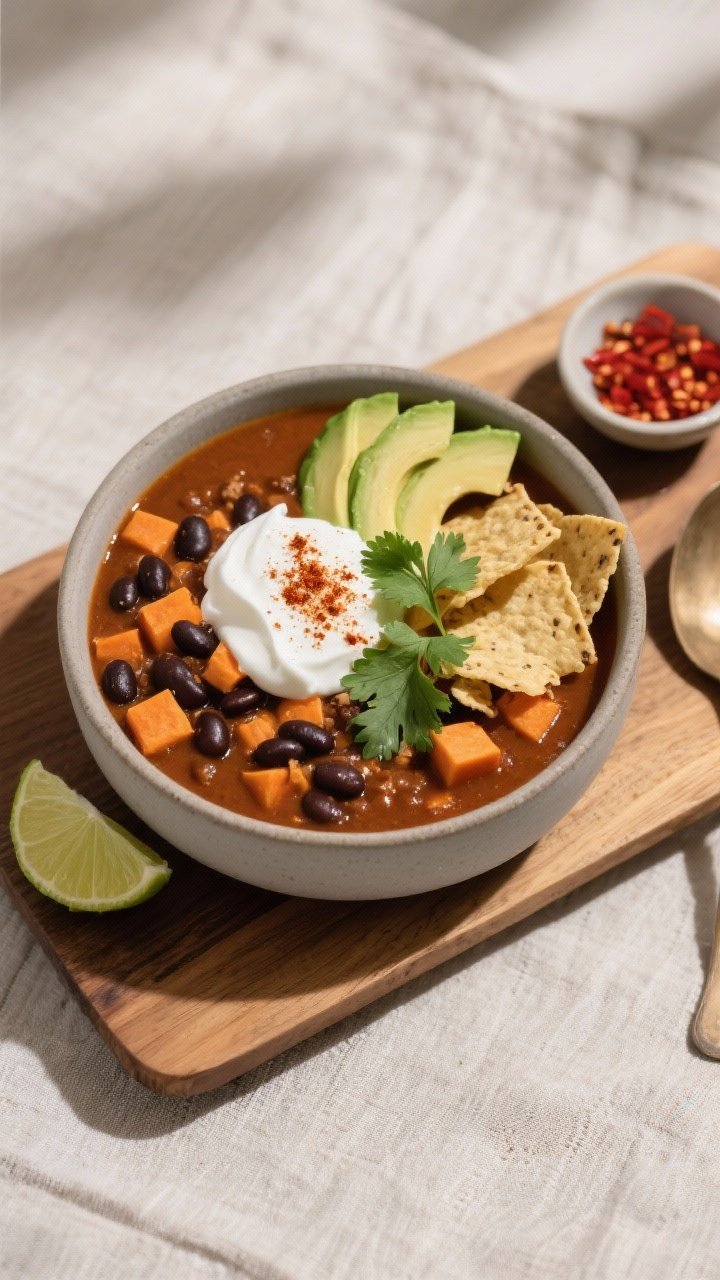 Final dish, : Overhead shot of a bowl of Spicy Black Bean & Sweet Potato Soup, richly hued and sligh