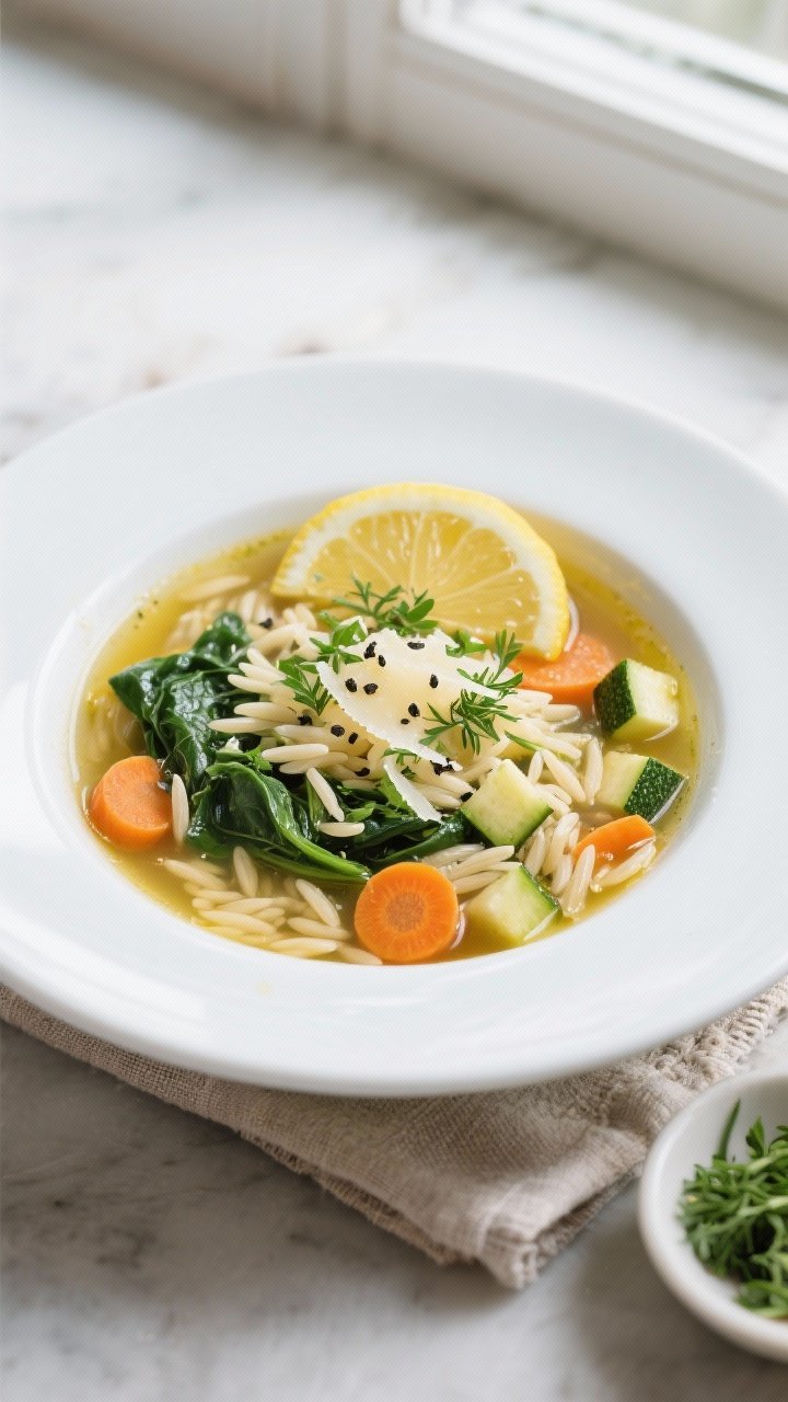 Final dish – Overhead shot of Zesty Lemon Orzo Vegetable Soup ladled into a white, wide-rimmed bow