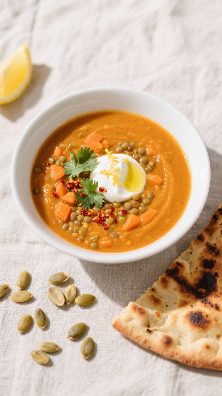 Final dish overhead: Tasty top view of Spiced Lentil & Carrot Soup, blended to a velvety, sunset-ora