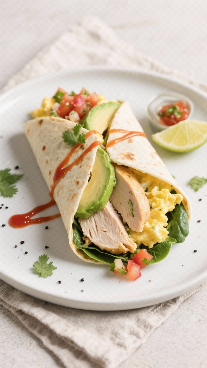 Final dish overhead: Top-down shot of a sliced-in-half Chicken Breast & Avocado Breakfast Wrap on a 