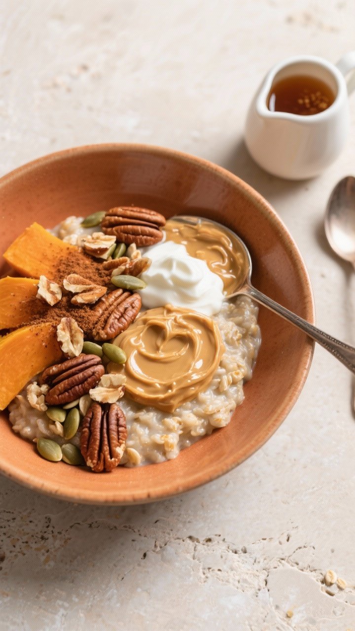 Final dish, overhead top view: A beautifully plated bowl of Protein-Packed Pumpkin Spice Oatmeal ser