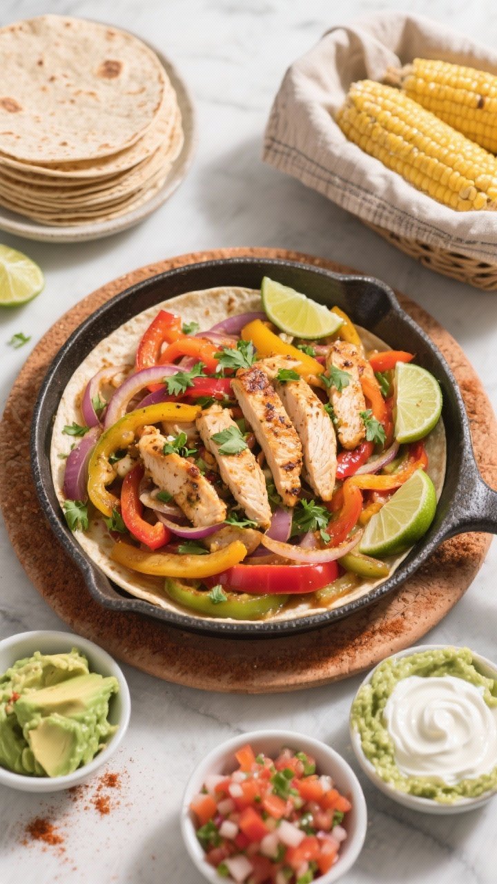 Final dish, overhead top view: Beautifully plated healthy chicken fajita skillet spread on a warm, r