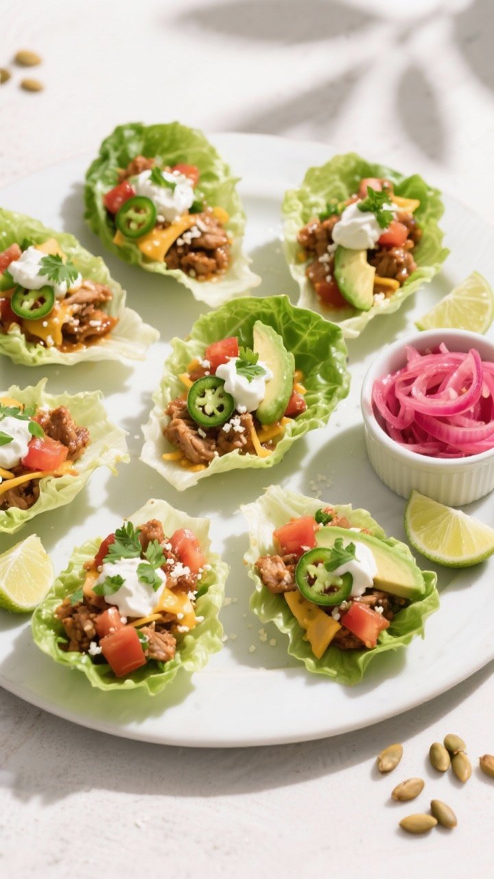 Final dish overhead: Turkey Taco Lettuce Cups arranged in a circular pattern on a matte white platte