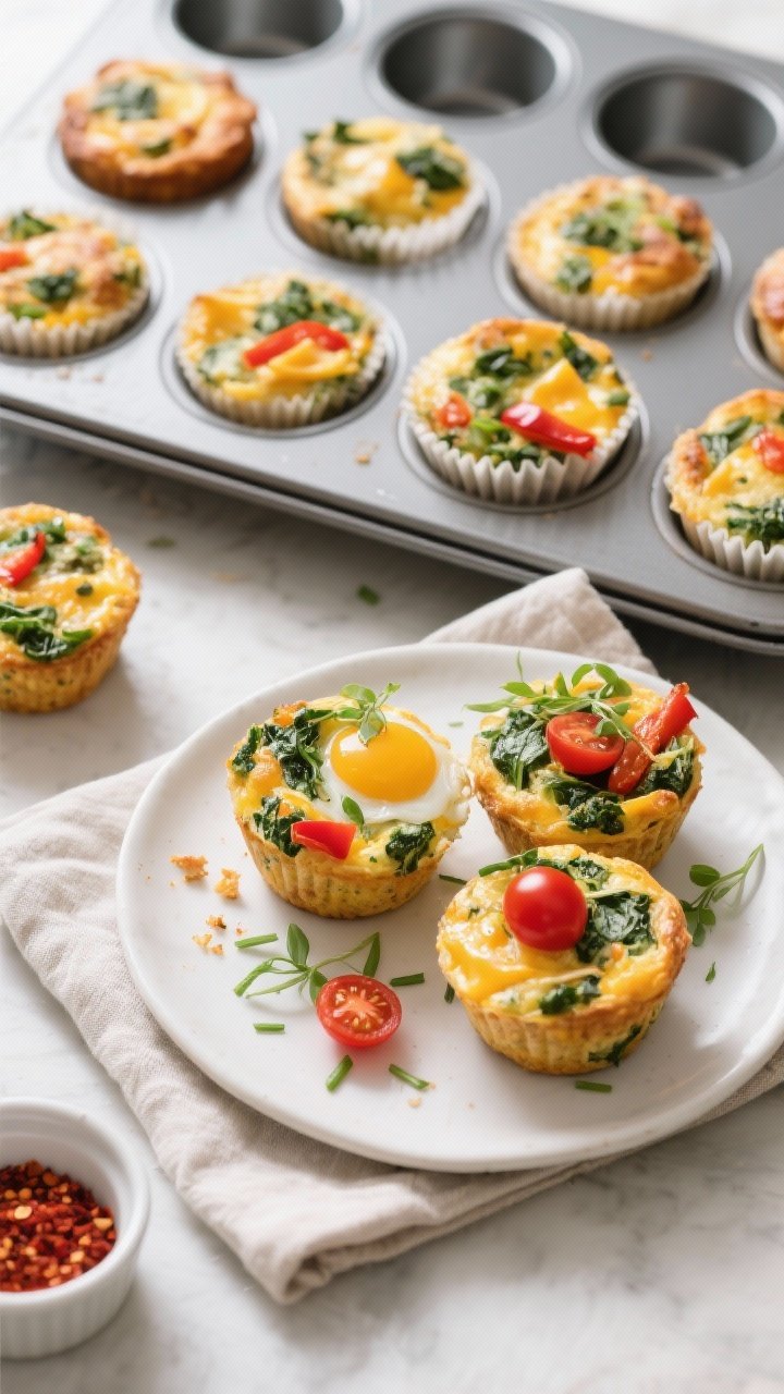 Final dish overhead: Veggie-loaded egg muffins freshly baked in a 12-cup nonstick muffin tin, puffed