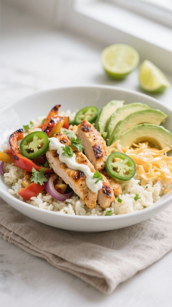 Final dish, plated: Chicken Fajita Keto Bowl beautifully assembled in a wide, shallow white bowl—f