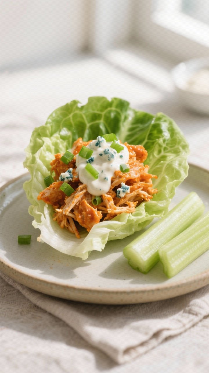 Final dish, plated lettuce wraps: Beautifully plated Buffalo chicken lettuce cups using crisp butter