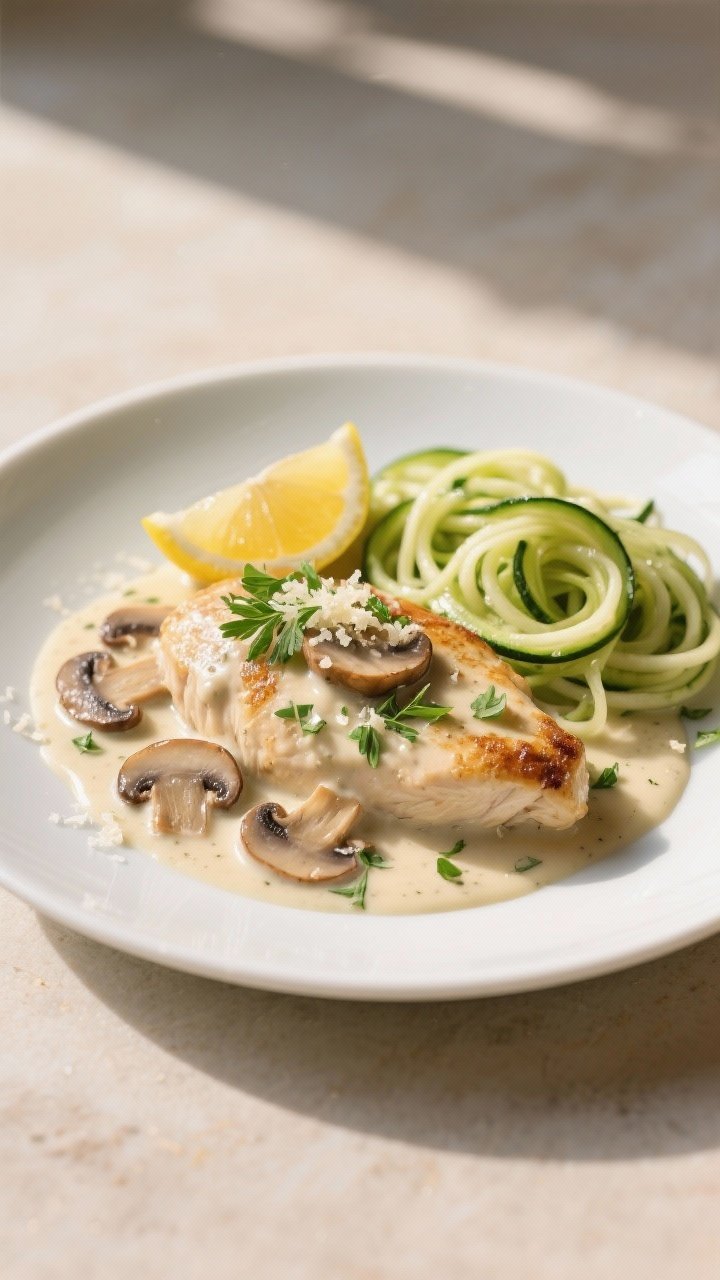 Final dish, plated presentation: Creamy Mushroom Keto Chicken served on a wide, shallow white plate;