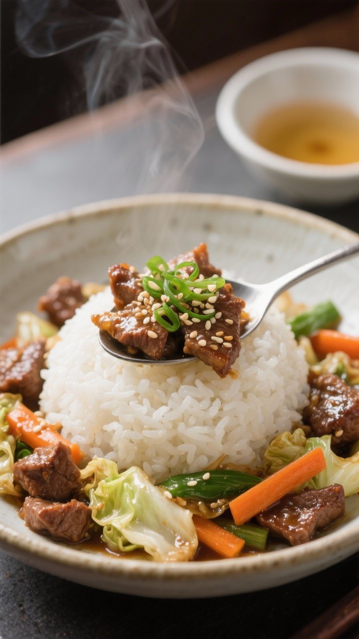 Final dish plating: Restaurant-quality presentation of the stir fry spooned over a neat mound of flu