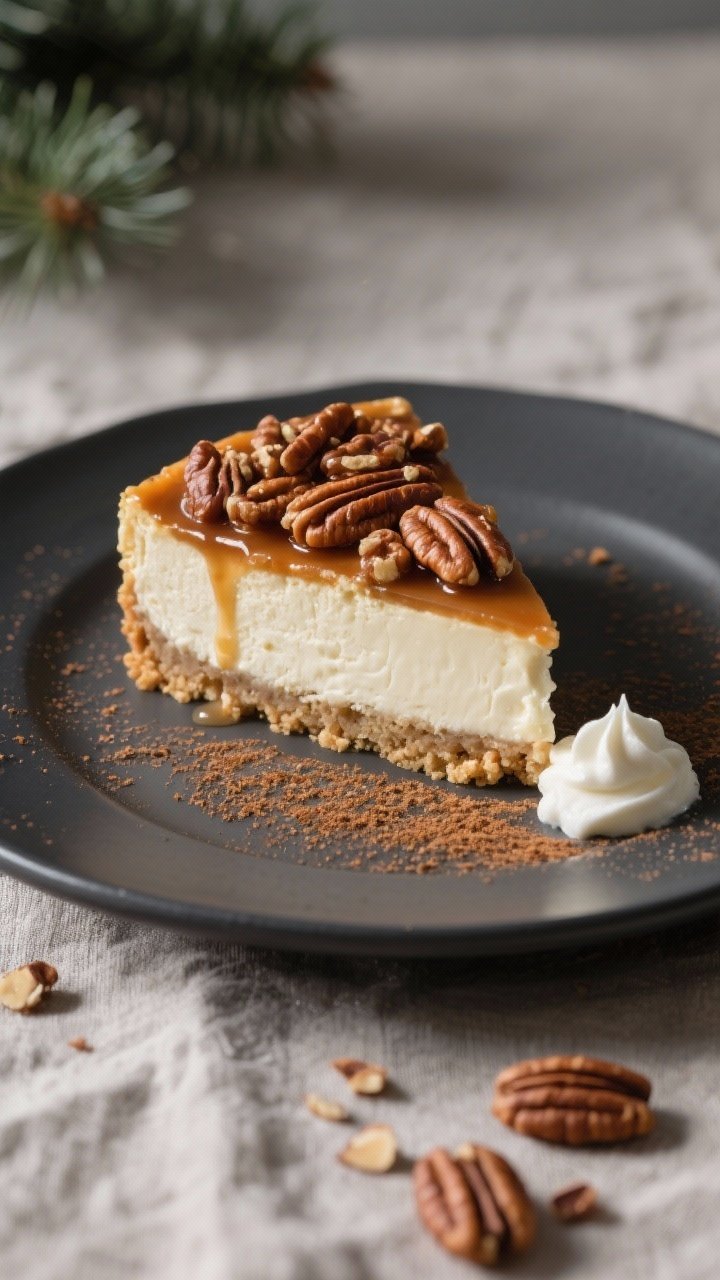 Final dish presentation: A clean slice of Keto Pecan Pie Cheesecake plated on a matte charcoal desse