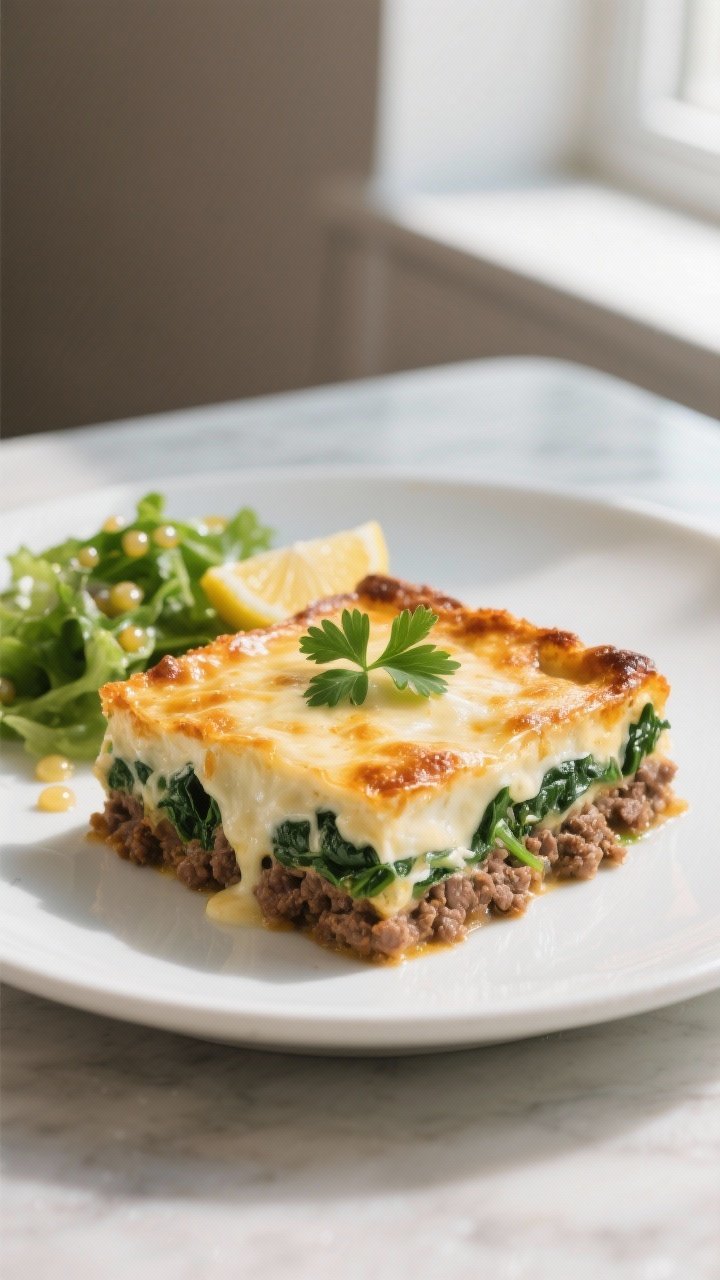 Final dish presentation: A generous square of Creamy Spinach and Ground Beef Bake plated on a wide w
