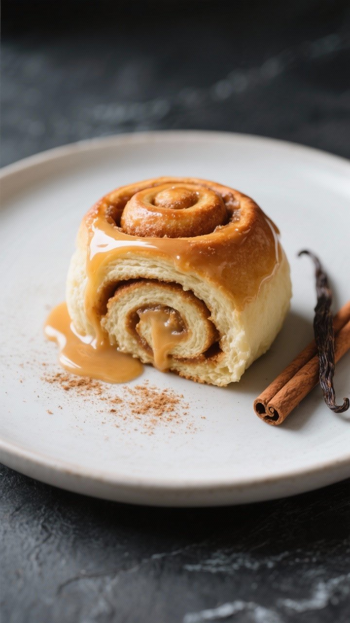 Final dish presentation: A single keto cinnamon roll plated on a matte white dessert plate, generous